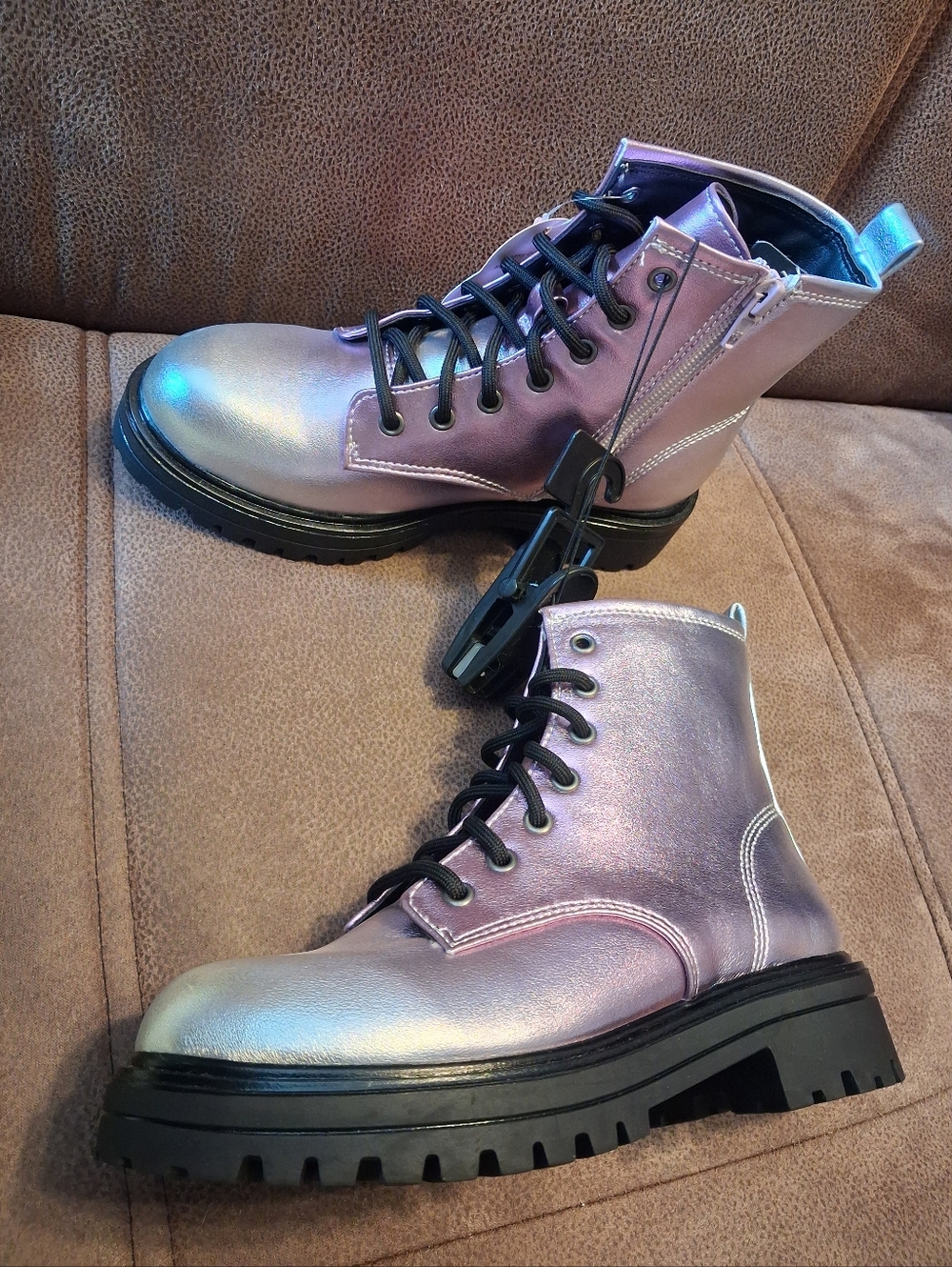 Wonder Nation Kids' Metallic Lavender, Silver Combat Boots Size 2 Girls